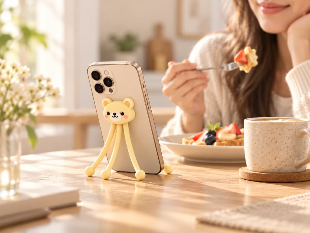 Bendi Bear holding a phone upright on a breakfast table
