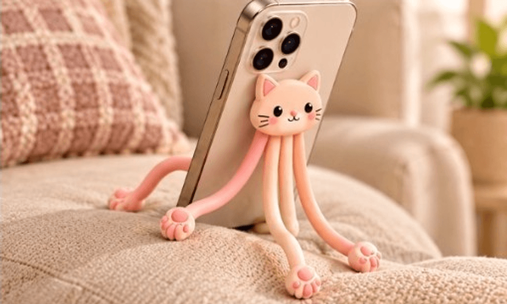 Bendi Cat holding a phone upright on a couch cushion