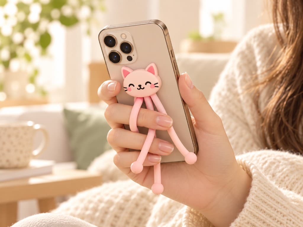 A hand holding a phone with Bendi Cat's legs looped between fingers