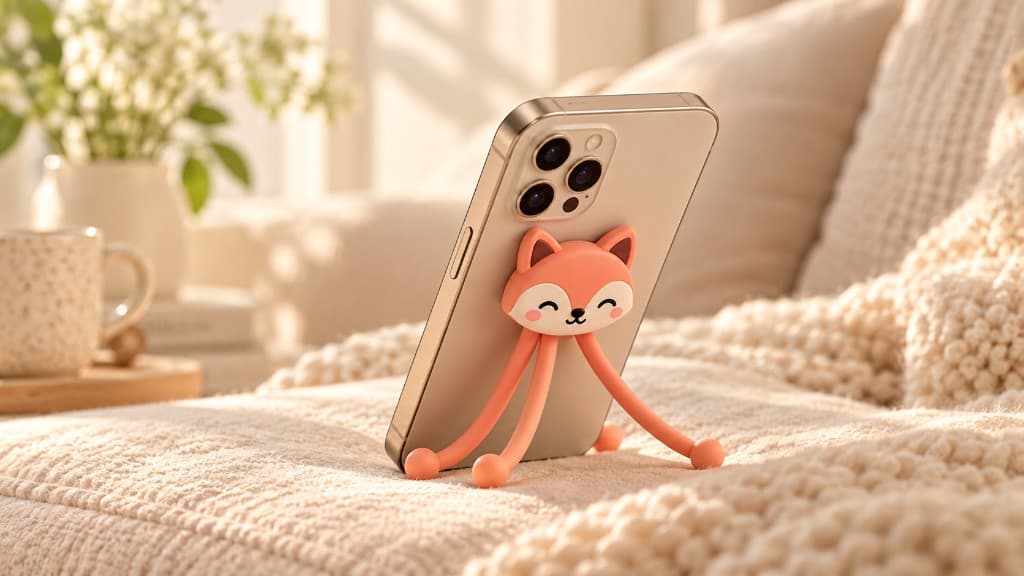 Bendi Fox attached to the back of a phone, two legs bent under the front and two supporting the rear on a knit couch