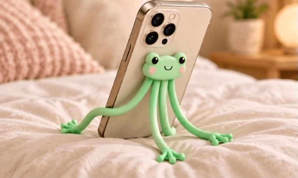 Bendi Frog angling a phone on a duvet