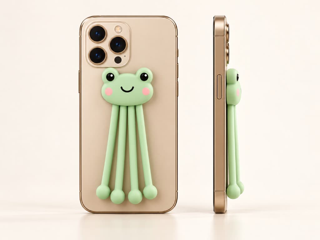 Back and side view of Bendi Frog lying flat on a phone